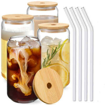 1pc Glass Cup with Lid And Straw, Transparent Pearl Milk Tea Cup, Juice Glass Beer Can, Milk Mocha Cup, Breakfast Cup, Beverage Vessel 11.83 Oz/ 18.6 Oz