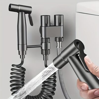 4pcs Portable Toilet Spray Gun Set, One Inlet Two Outlets Multifunctional Water Angle Valve, Diverter, Handheld Bidet Sprayer and Flexible Hose, Wall-Mounted Toilet Cleaner Booster and Flusher, Bathroom Cleaning Handheld Shower Set, Bathroom Bidet Sprayer